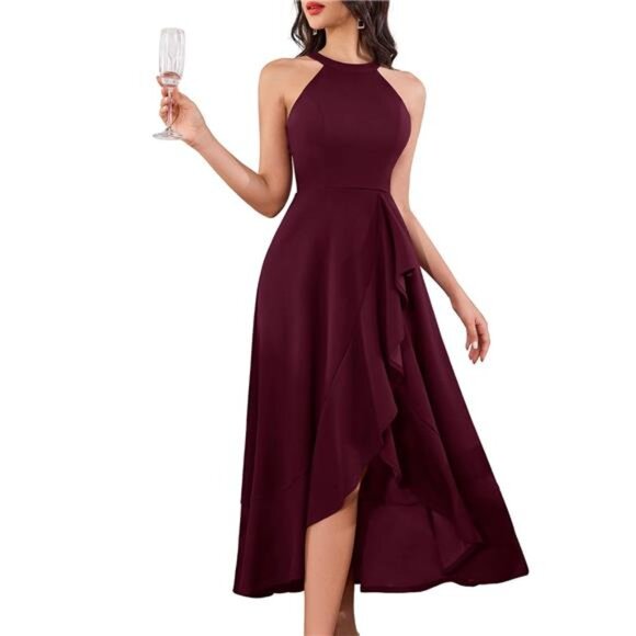 Womens Halter Split Hem Dress Elegant Wine Red